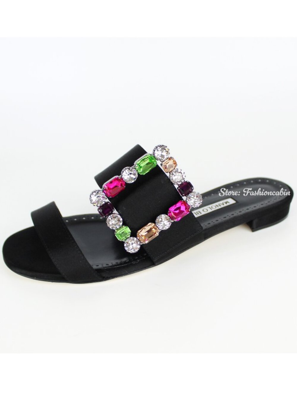 NEW Manolo Blahnik Verda Crystal Buckle Satin Sandals Black EU 37.5